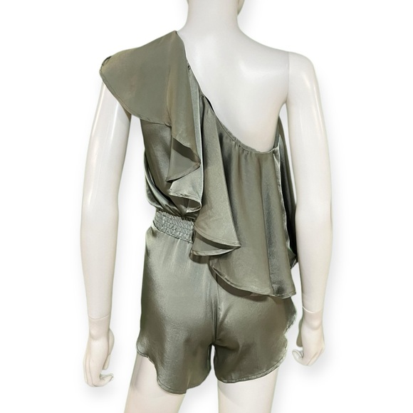 Tru Blu Wrap Star One Shoulder Ruffle Shiny  Olive Green Romper in XS - Picture 5 of 9